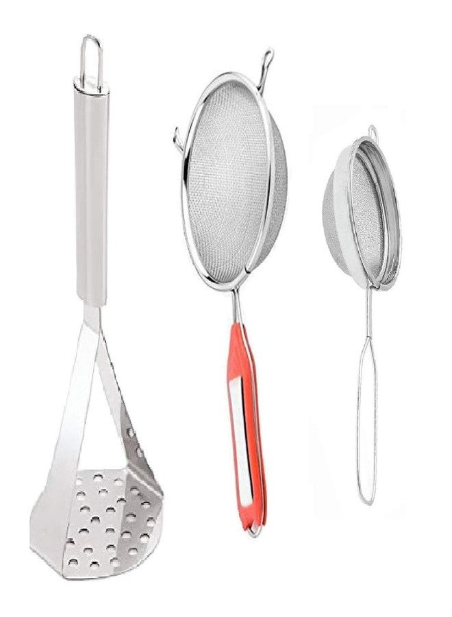 First Front Stainless Steel Kitchen Combo Set of Potato Vegetables Pav Bhaji Masher, Soup Strainer & Double Mesh Tea Strainer - Image 1